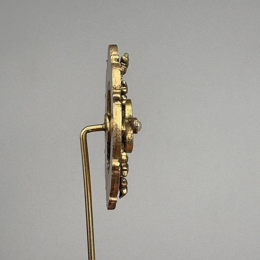 Antique Estate Stick Pin Blue Enamel Faux Pearl Regal Gold Vines and Pinstop